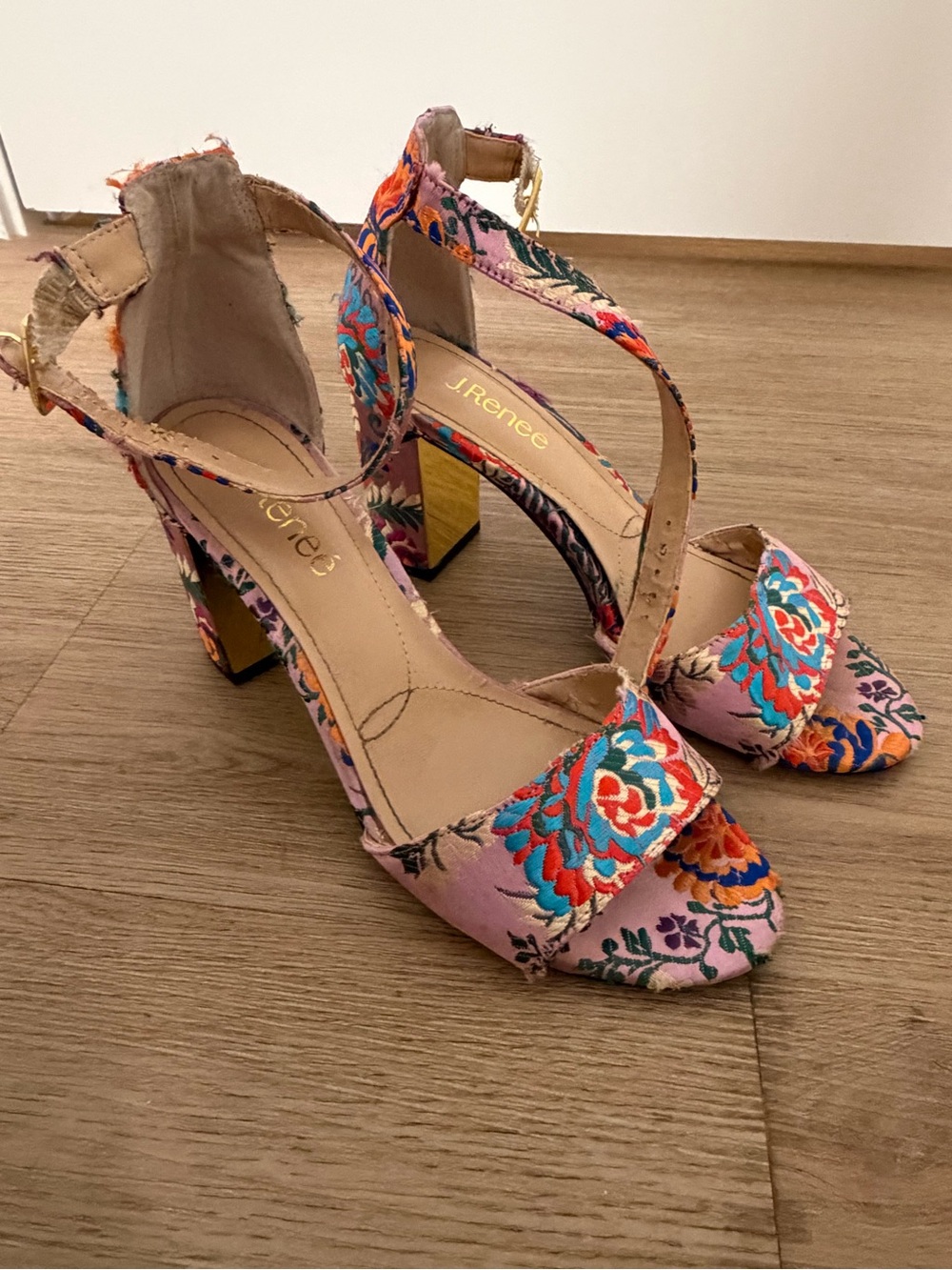 Anthropologie Pink Floral Embroidered Block Heel Sandals